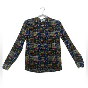KEITH HARING x ALICE + OLIVIA Silk Printed Button-Up Shirt